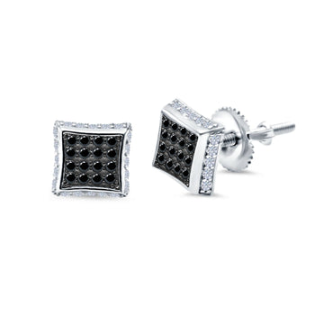 Square Hip Hop Stud Earrings Screwback Round Simulated Black CZ 925 Sterling Silver